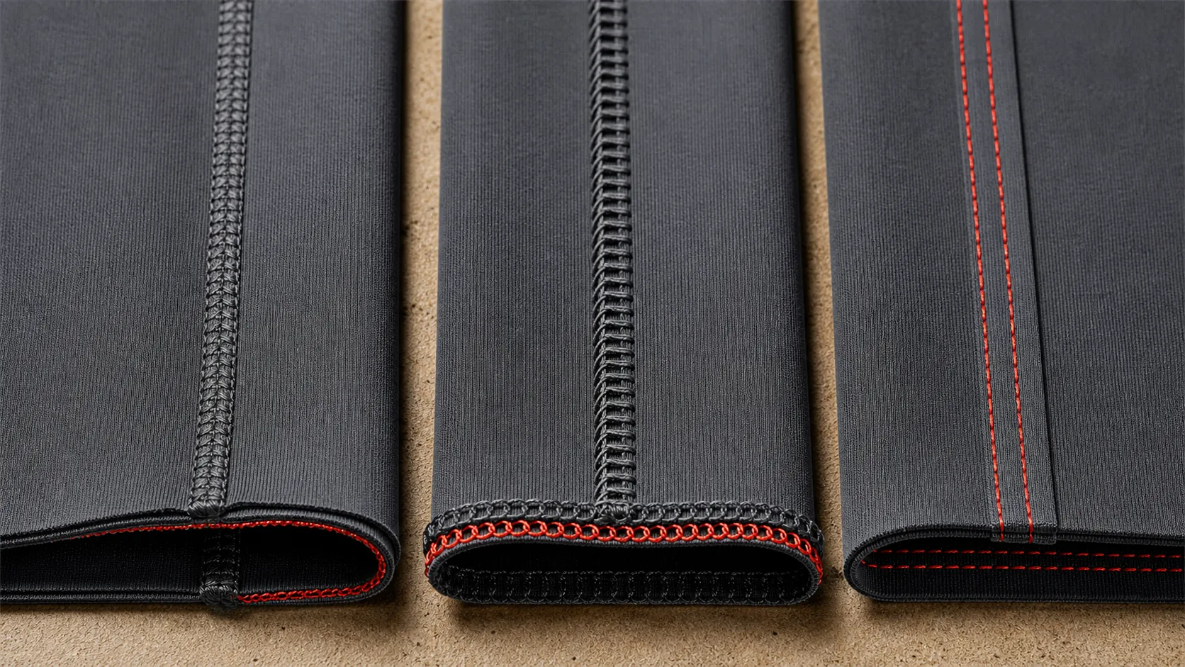 Black yoga fabric samples showing flatlock, overlock and coverstitch seam constructions