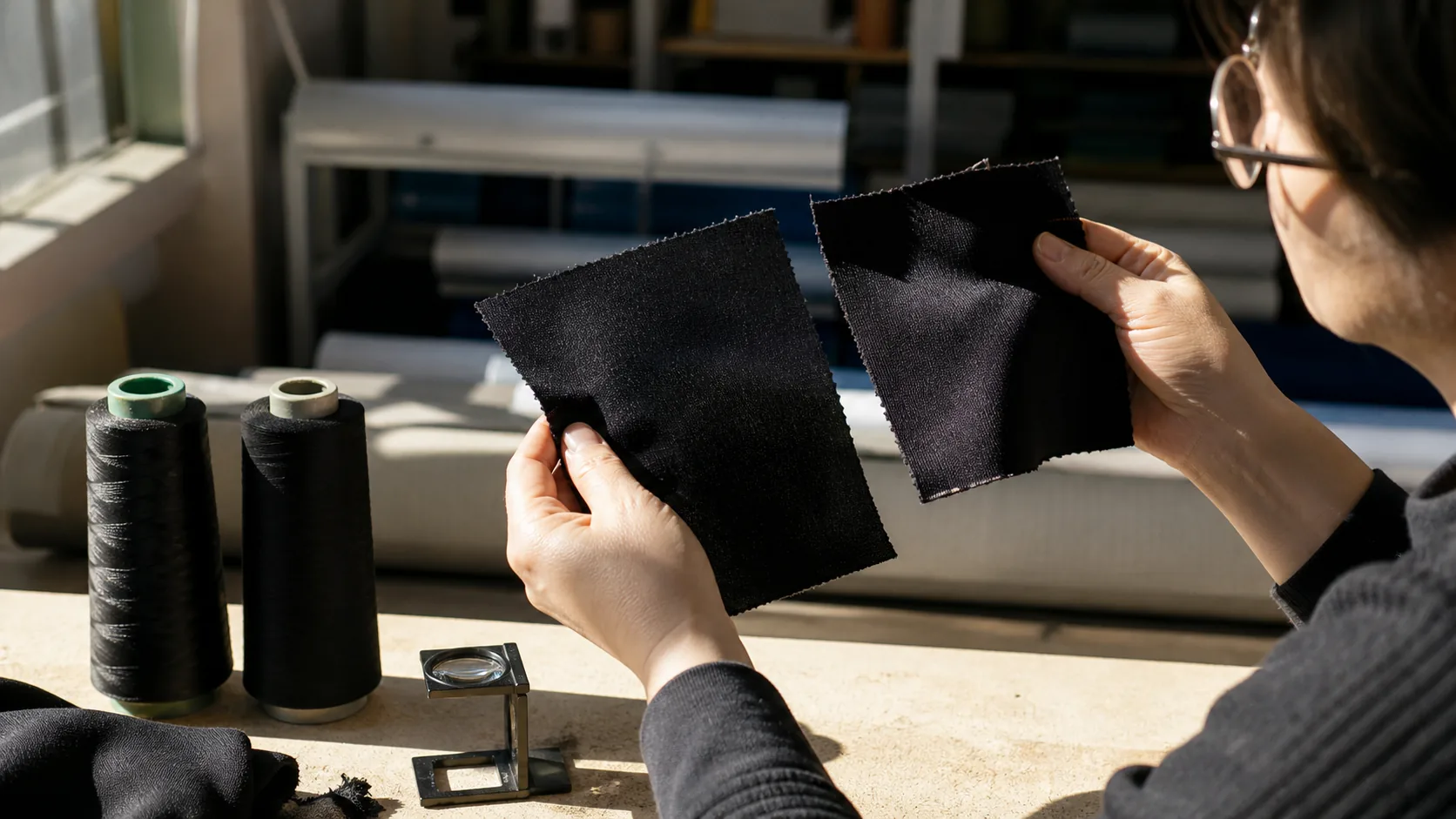 Textile developer comparing two black stretch-knit swatches in raking window light