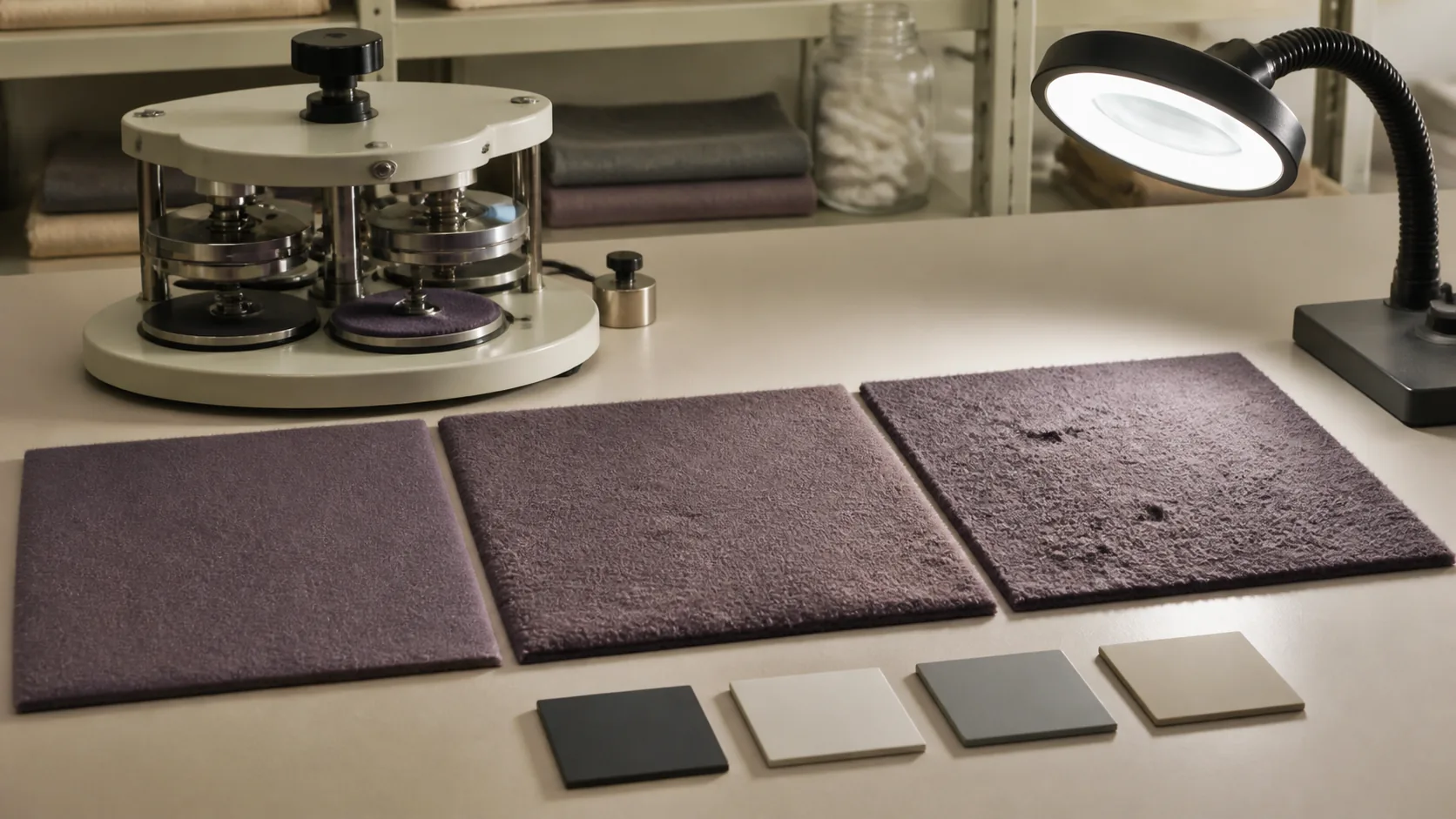 Three brushed yoga fabric specimens showing progressive surface wear beside a pilling tester