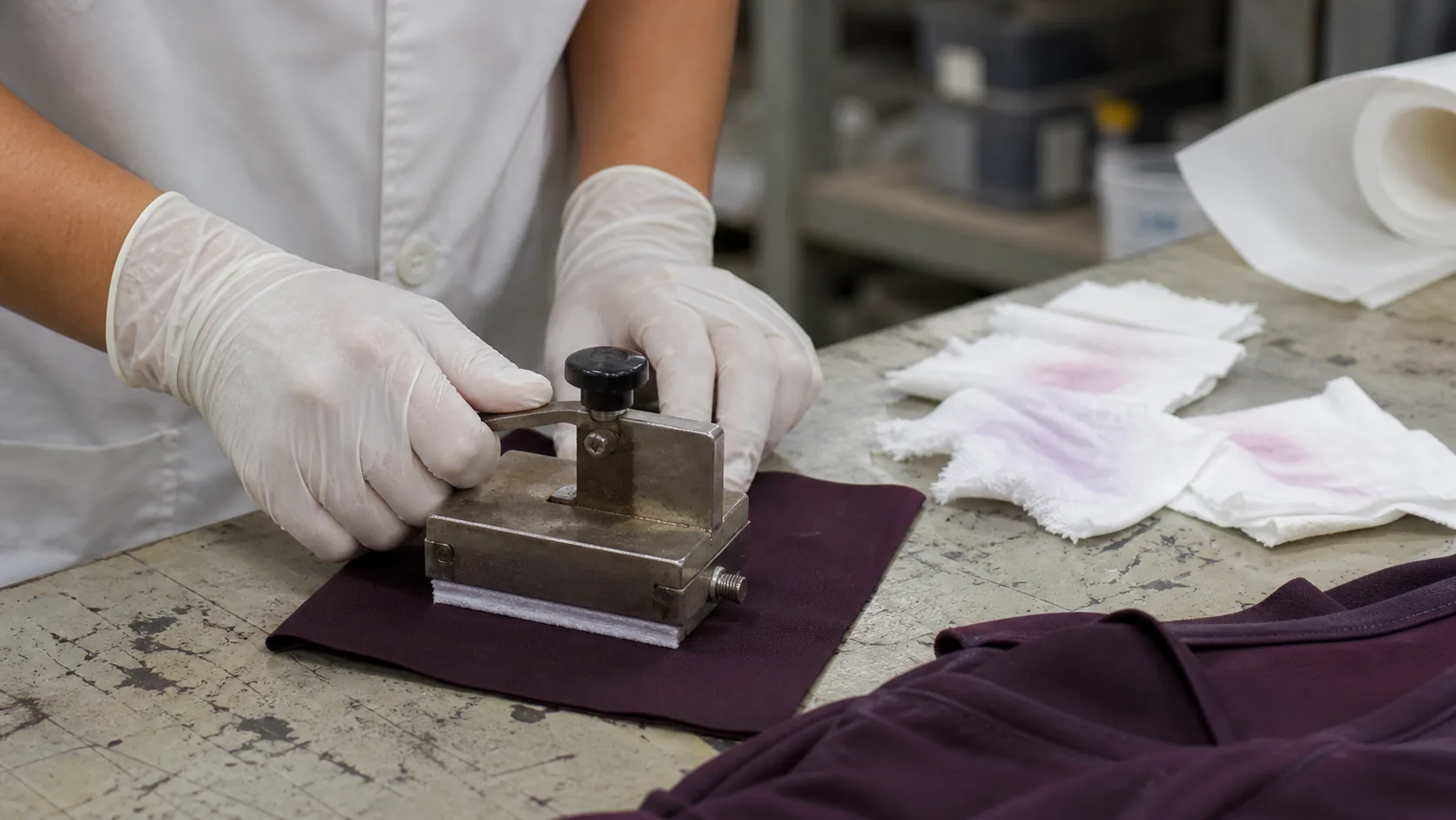 Textile technician performing a wet rubbing test on plum activewear fabric with stained white test cloths nearby