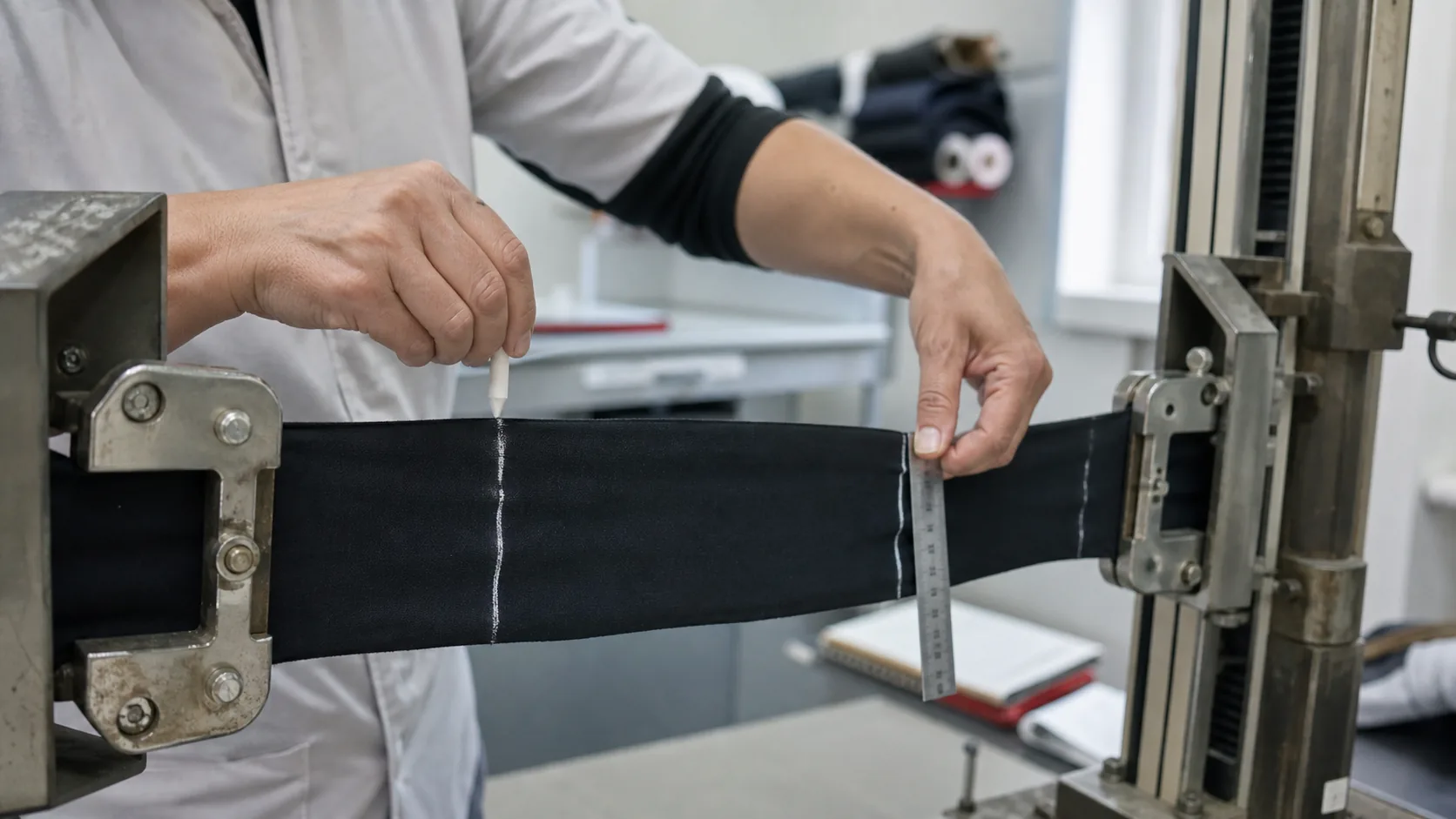 Technician marking gauge length on black stretch fabric held in a tensile testing machine