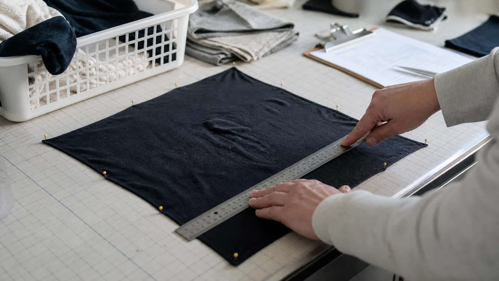 Technician measuring a washed black fabric specimen pinned to a gridded laboratory table
