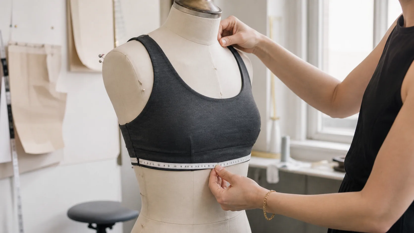 Bra sample maker measuring the underband and adjusting a charcoal yoga bra on a dress form
