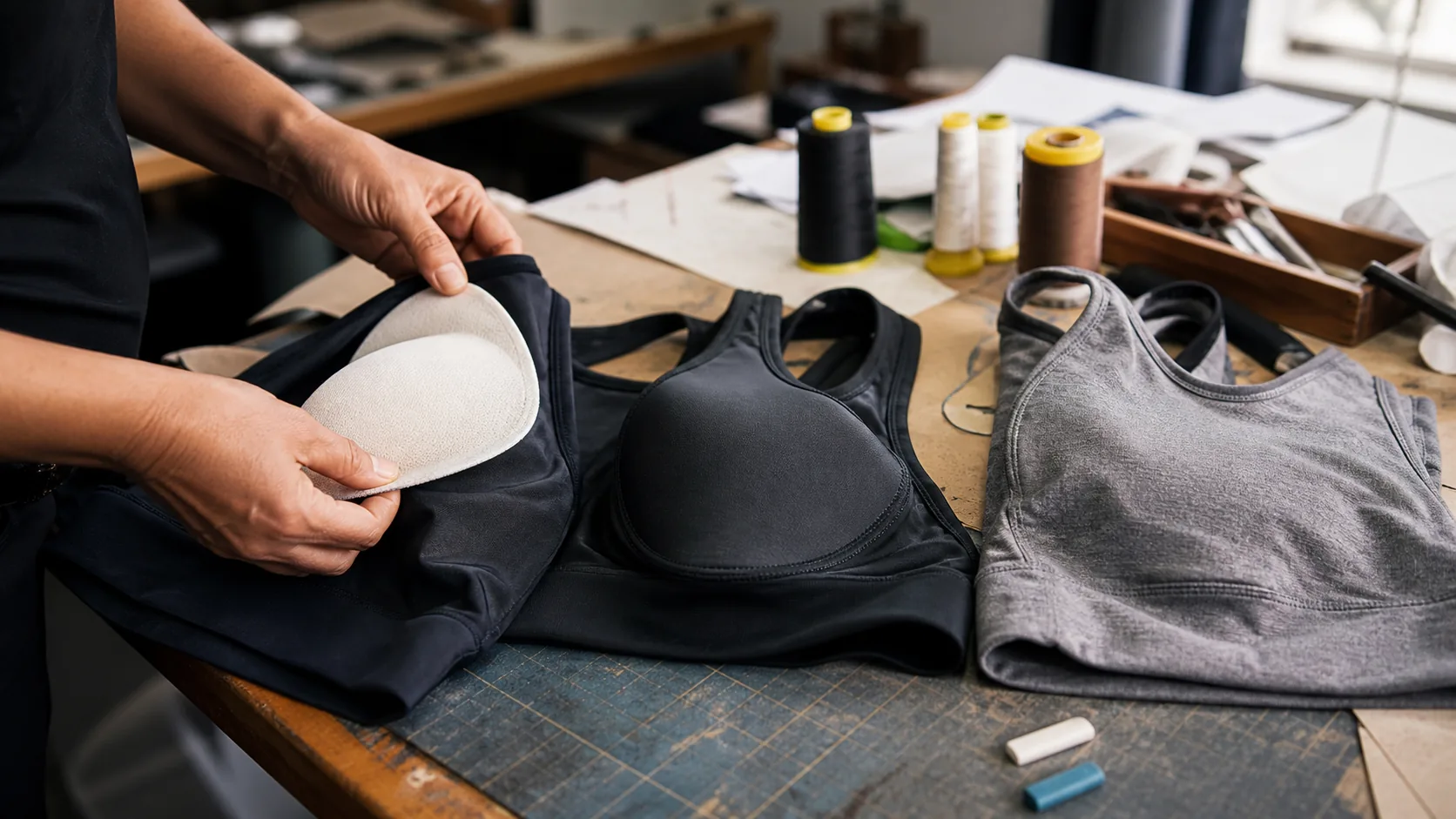 Sample maker comparing removable bra pads, a fixed cup and an unlined yoga bra on a worn worktable