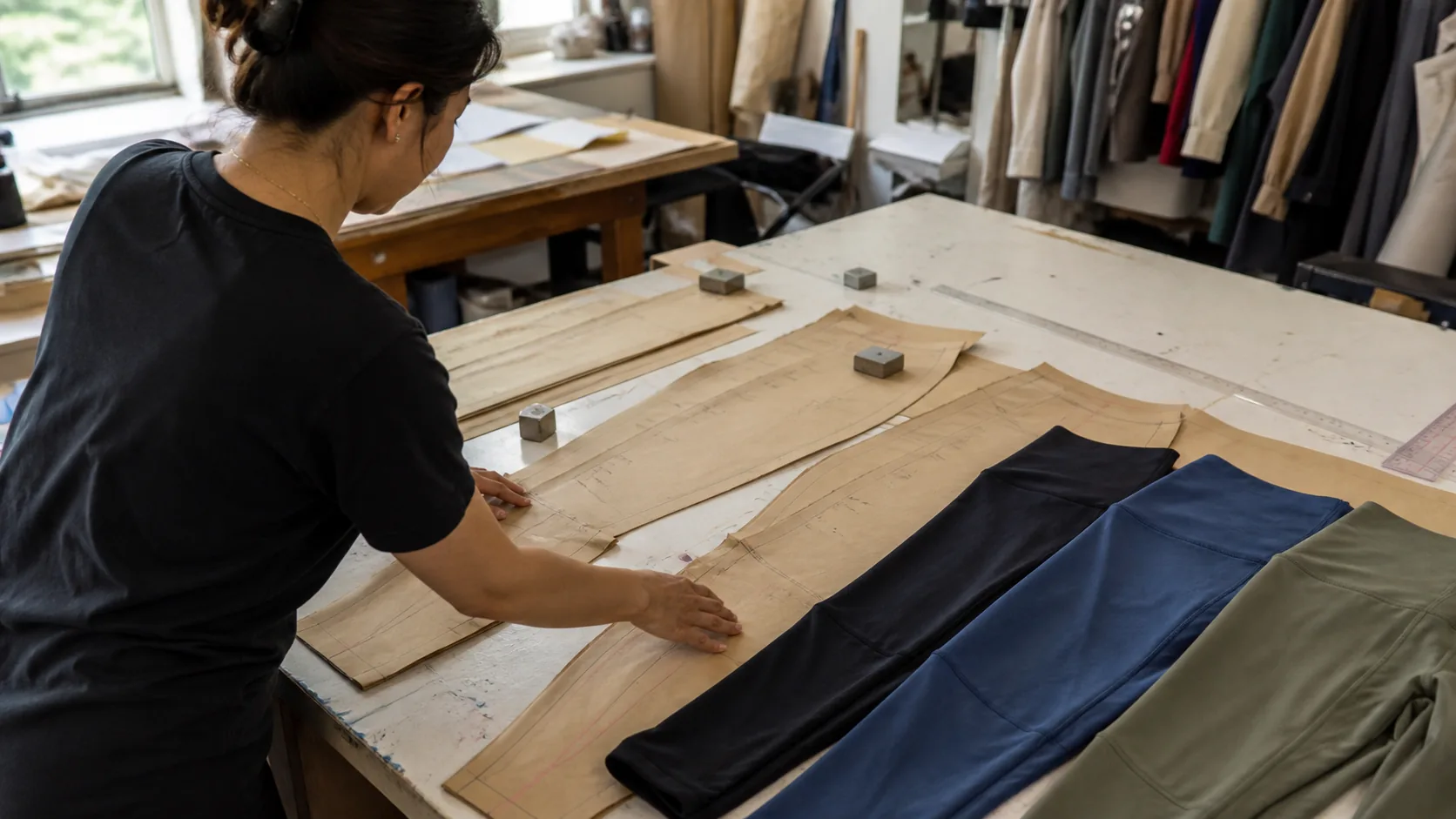 Pattern maker reviewing nested legging patterns and finished samples in several sizes