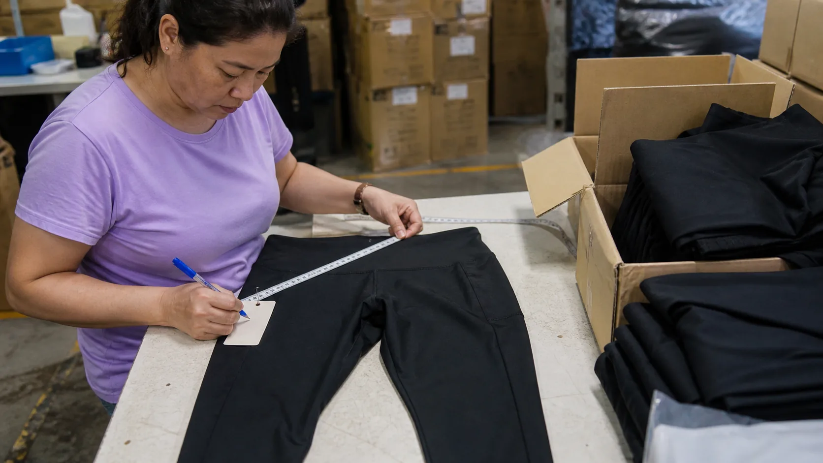 Factory inspector measuring black leggings selected from open cartons at a final inspection table