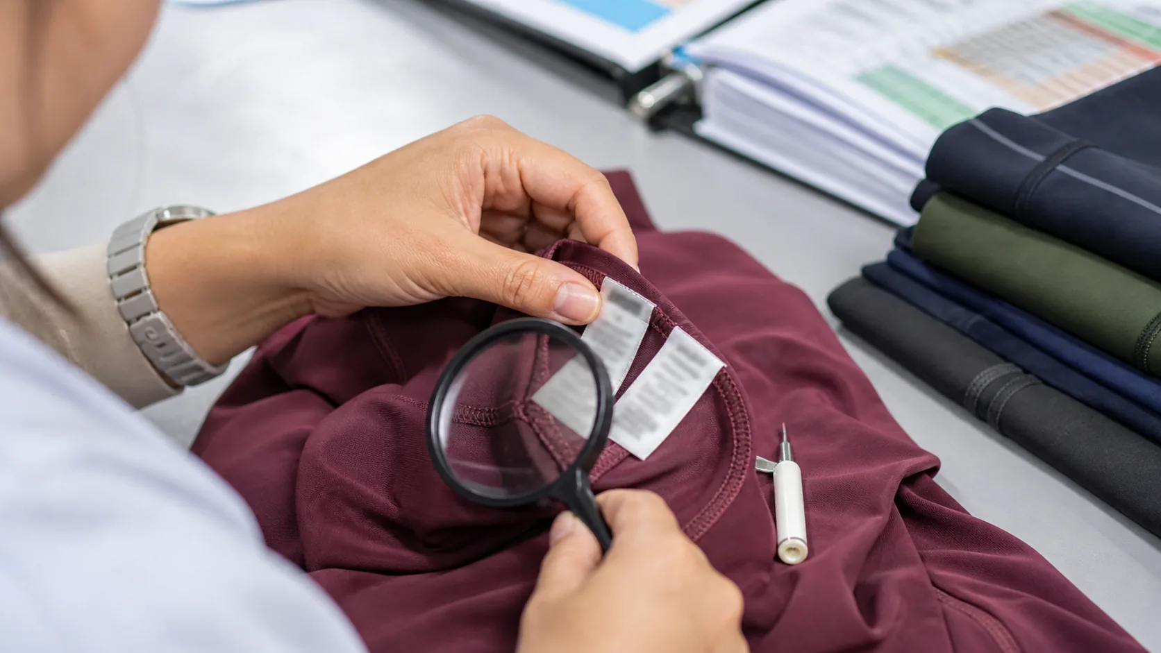 Compliance specialist inspecting multiple sewn labels inside a burgundy yoga garment with a magnifier