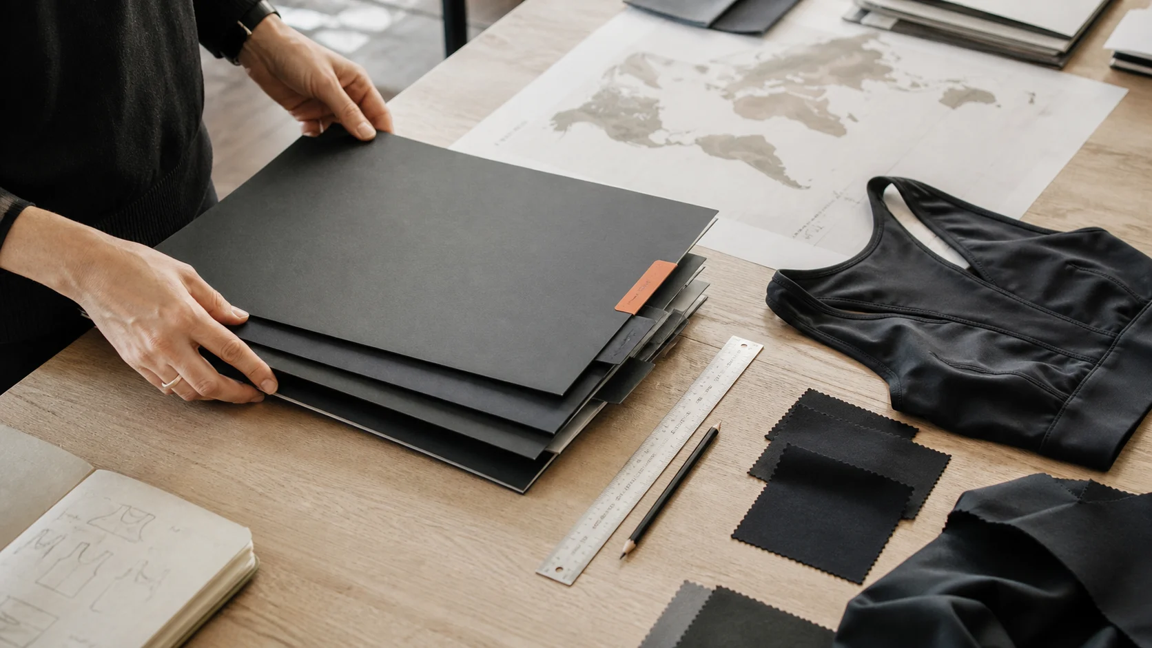 Sourcing lead reviewing five neutral activewear development dossiers, fabric swatches and a plain black sample on a daylight studio table