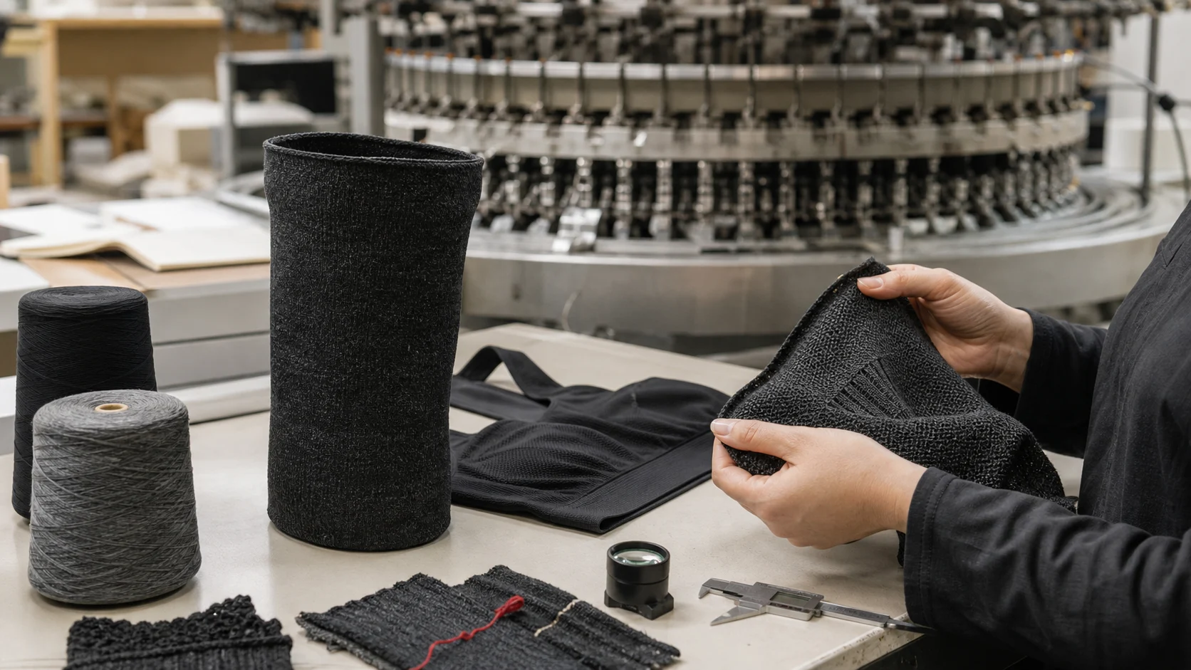 Technical sourcing team examining an unbranded seamless knit tube, yarn cones and stitch structures beside a circular knitting machine