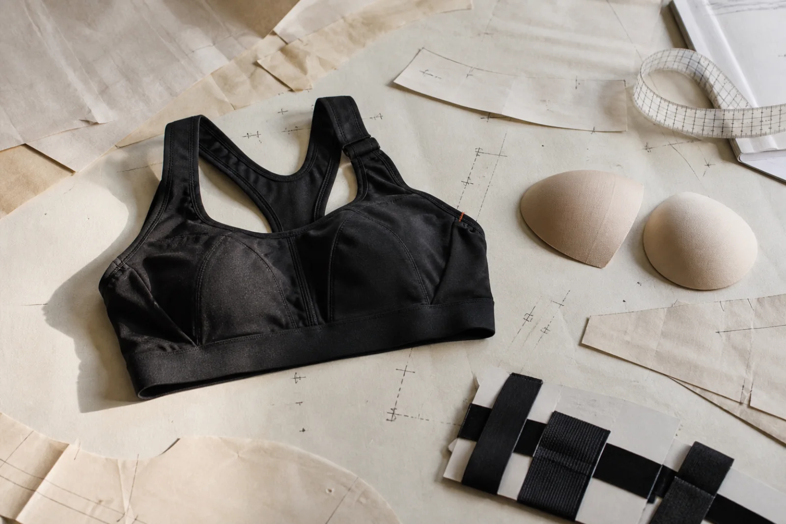 Unbranded black sports bra prototype with neutral cup, strap and paper-pattern development components on a warm studio table