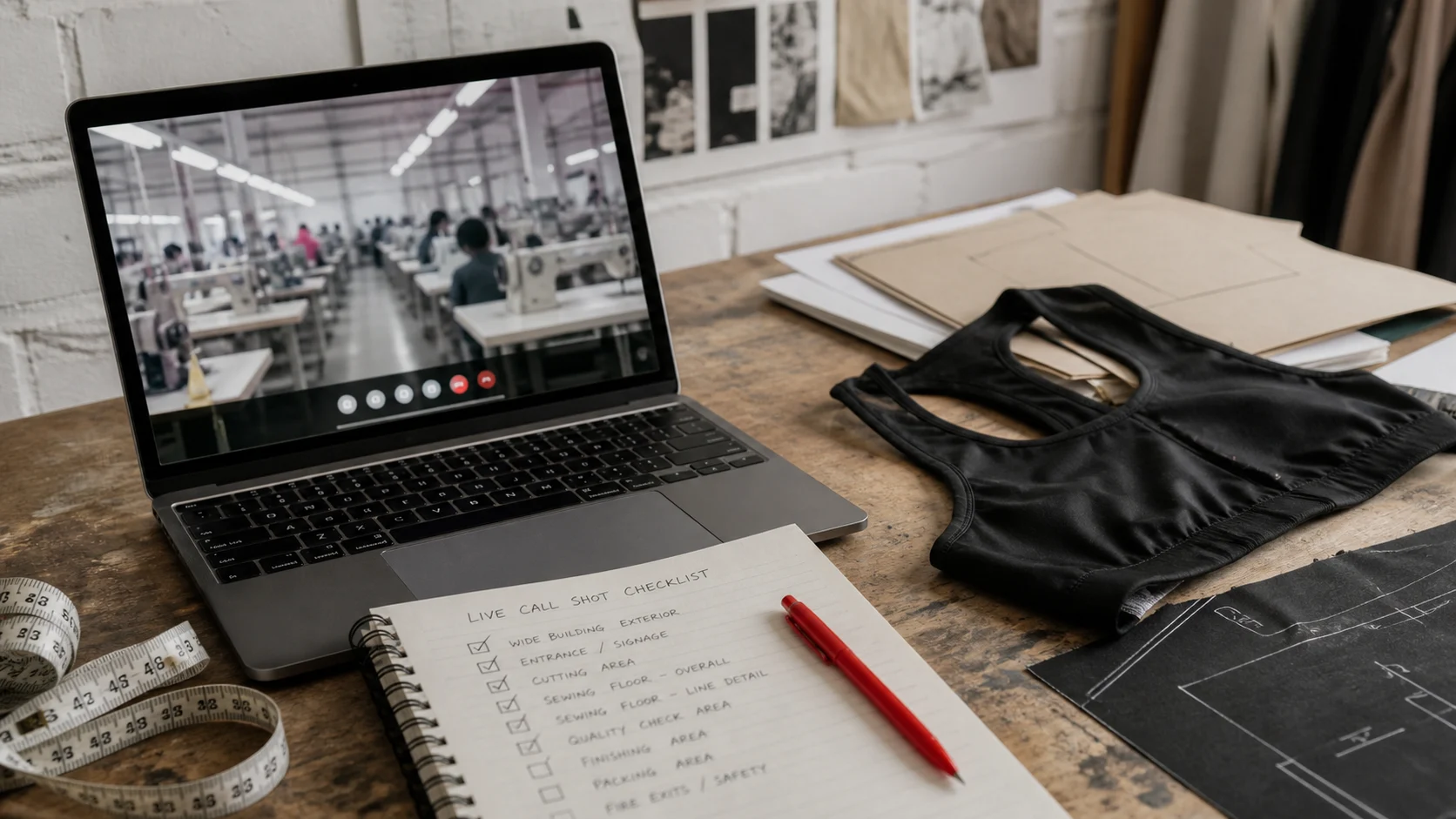 Editorial illustration: Unbranded laptop showing a blurred sewing-floor video call beside an activewear sample, fabric cutting, measuring tape and shot checklist