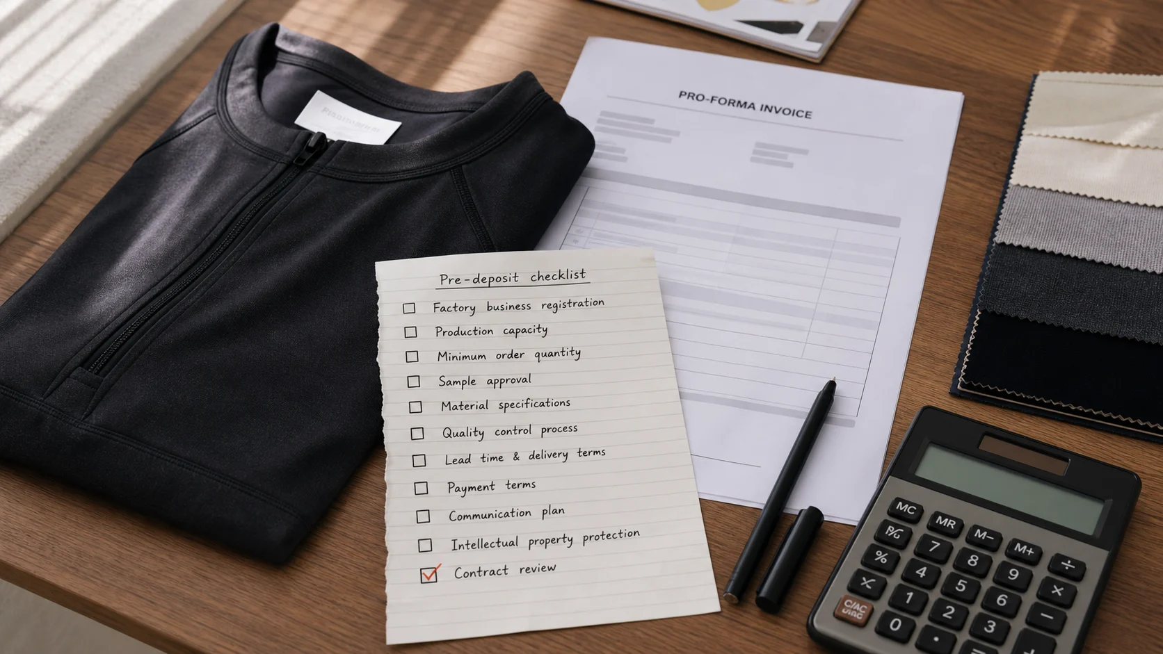 Editorial illustration: First activewear sample, unbranded pro-forma invoice, fabric swatches, calculator and handwritten pre-deposit checklist on a worktable