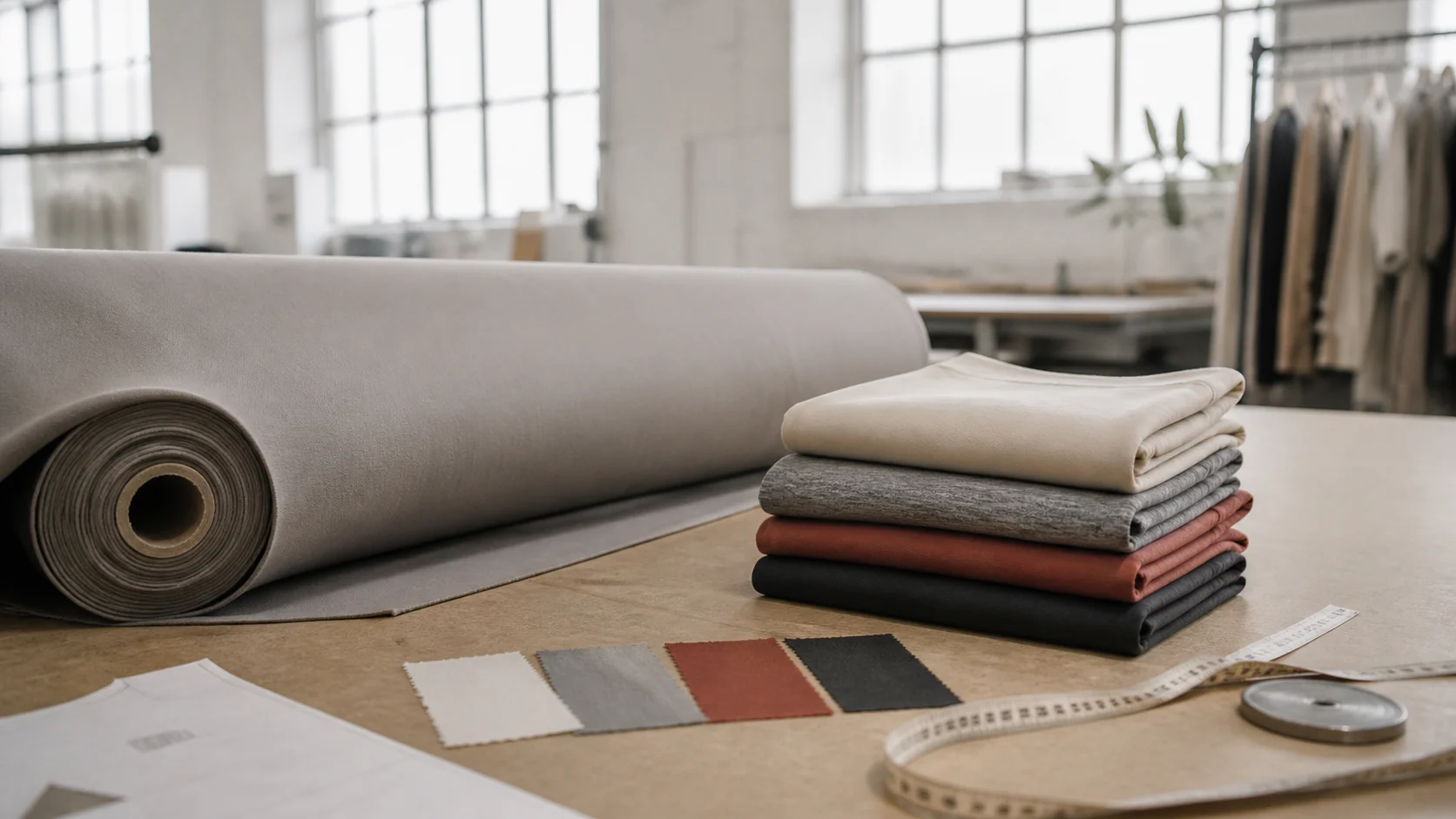 Editorial illustration: Large roll of performance fabric beside a small stack of folded activewear garments, color swatches, marker paper and measuring tape