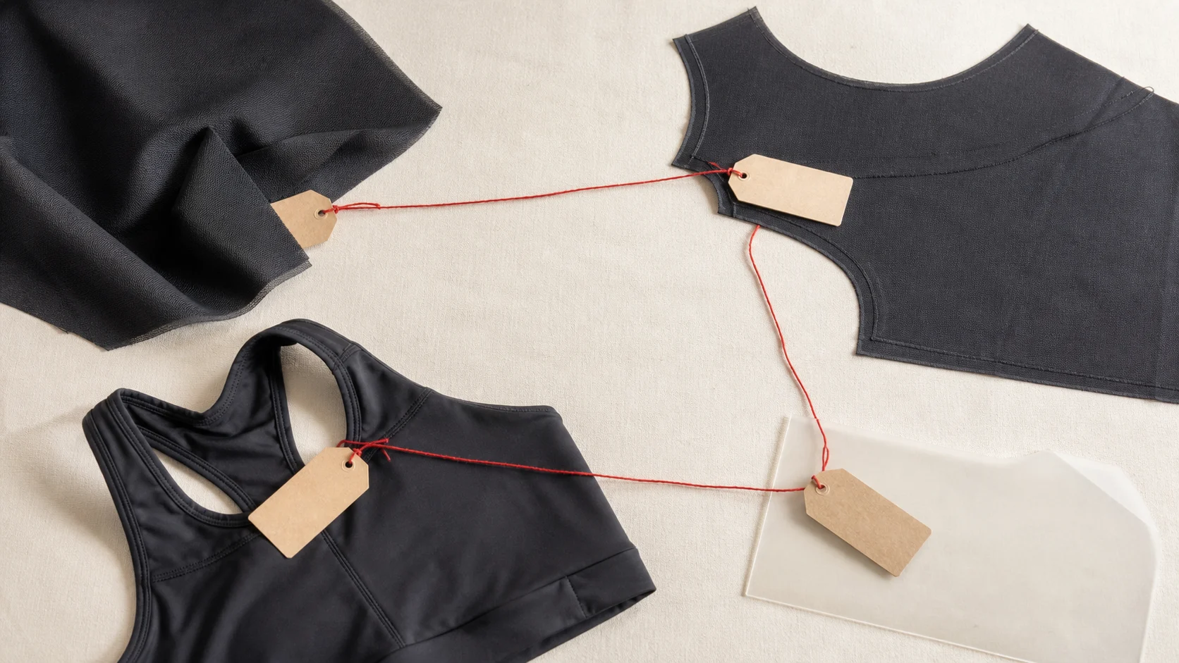 Editorial illustration: Performance fabric, garment panels, plain logo film and finished sports bra connected by red thread and blank route tags