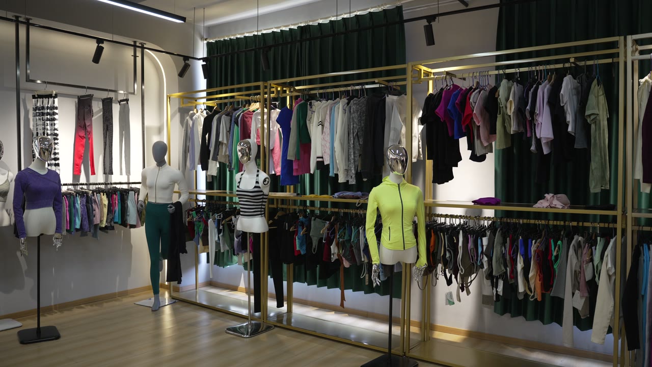 Garment samples on showroom racks beside dress forms