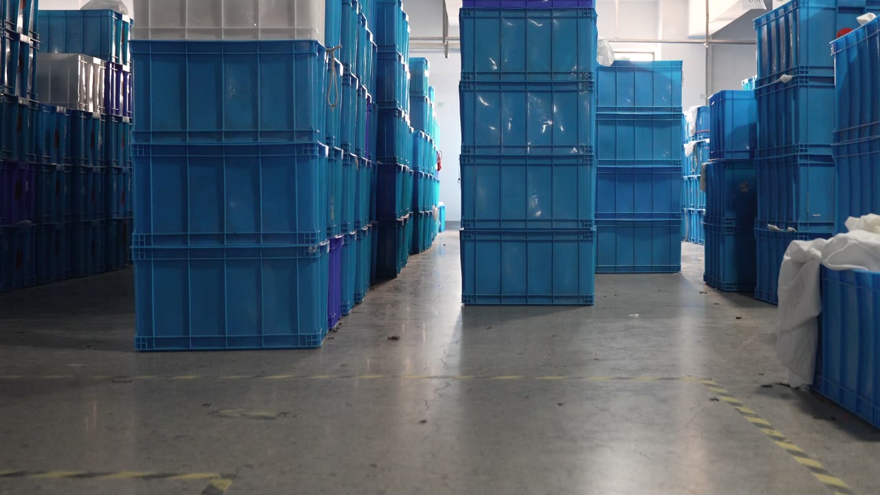 Warehouse aisle between stacked blue storage bins, with floor marking tape