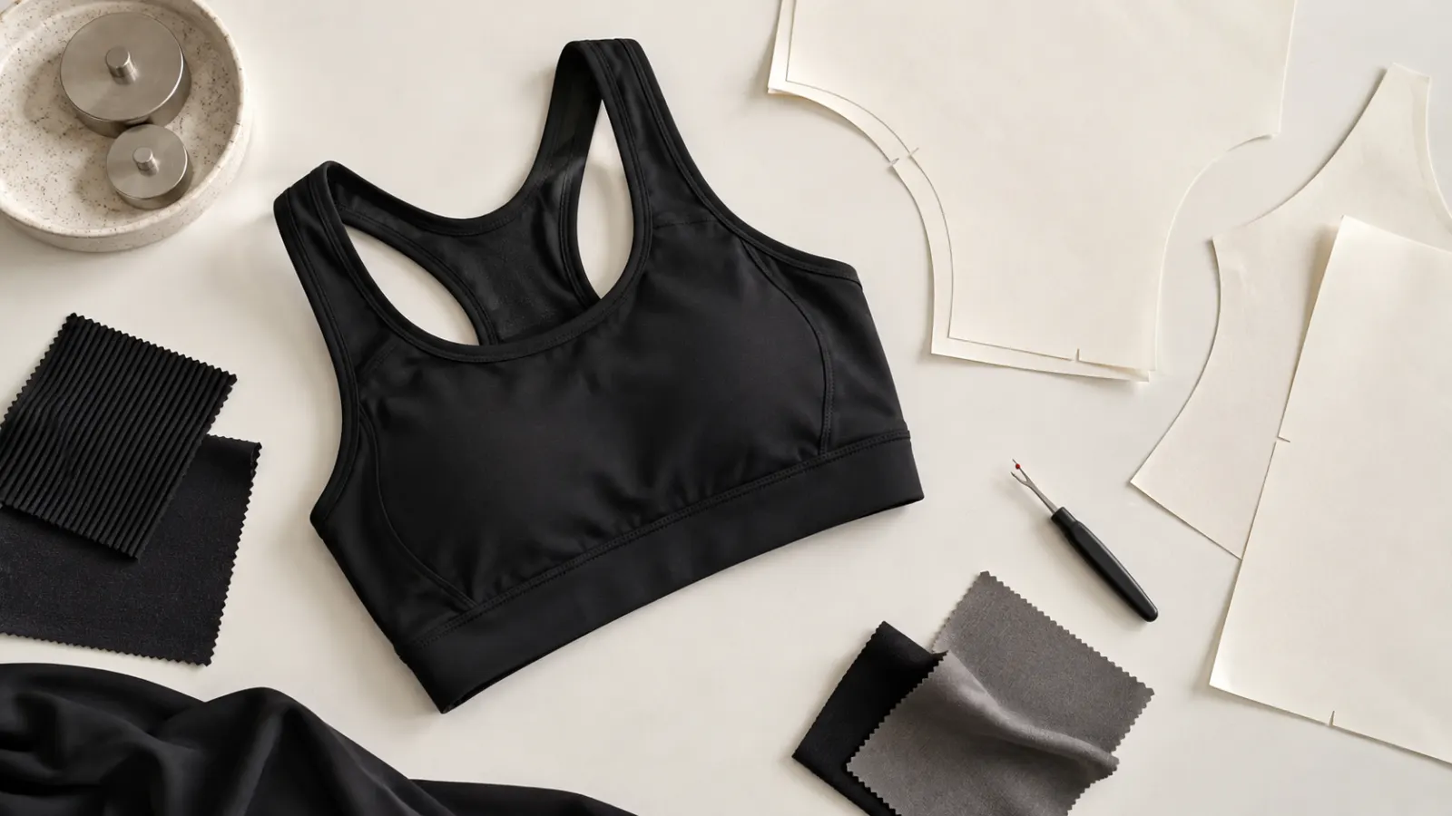 Unbranded black sports bra beside blank pattern paper, fabric swatches and pattern weights