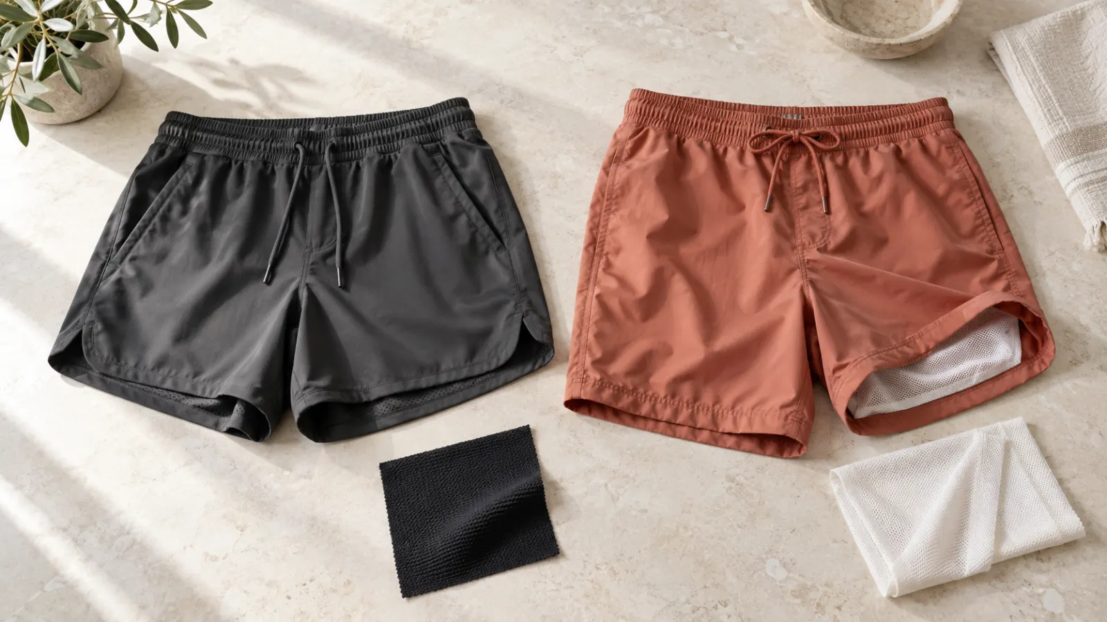 Unbranded training shorts and swim shorts with different lining constructions on a pale tabletop