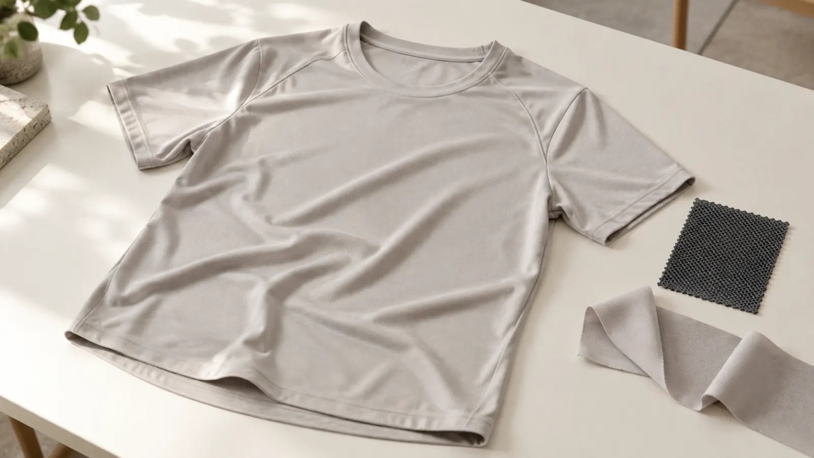 Camiseta deportiva clara sin marca junto a pequeñas muestras de punto y malla