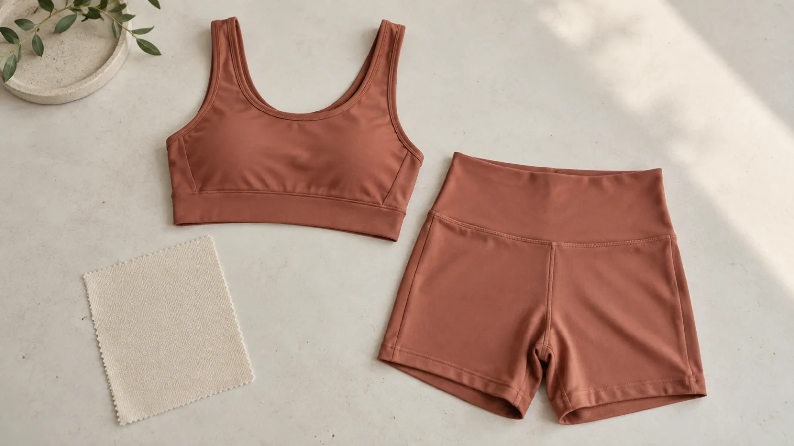 Top deportivo y pantalón corto terracota colocados juntos sobre mesa clara