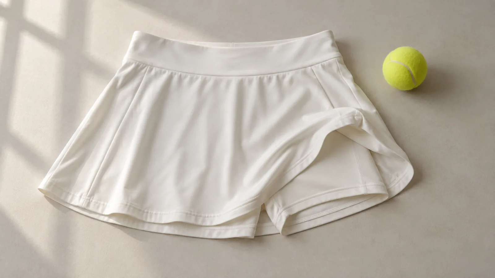 Falda pantalón de tenis marfil con parte del short interior visible y una pelota