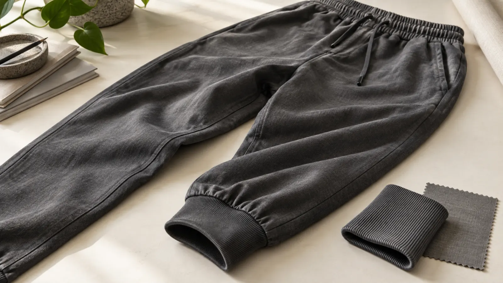 Pantalón jogger gris con puño junto a muestras de canalé y tejido sobre una mesa clara
