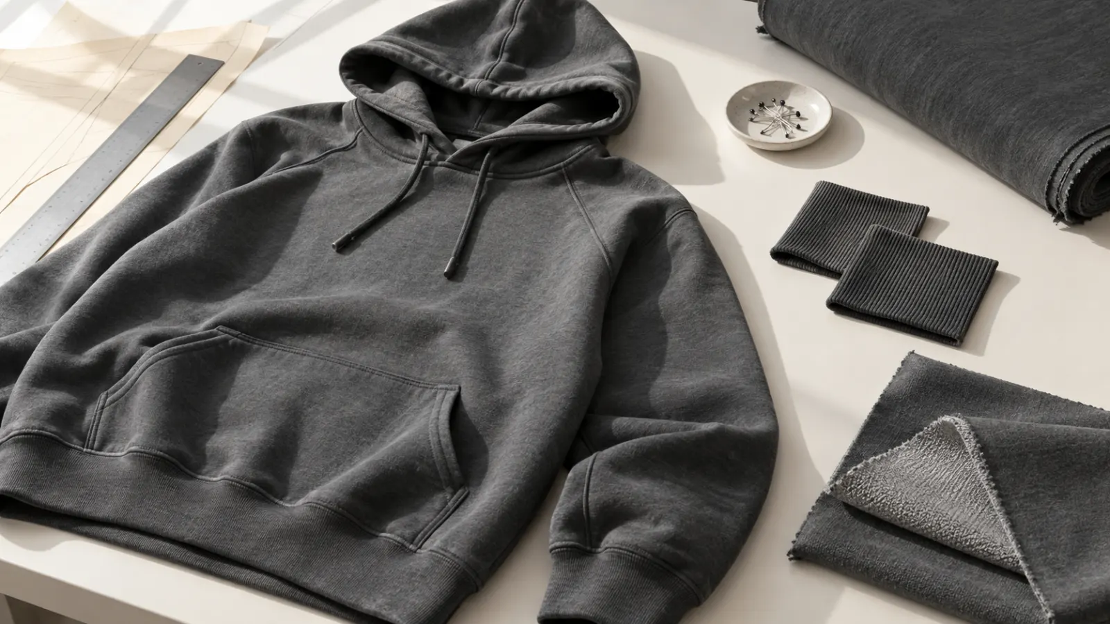 Sudadera gris sin marca junto a muestras de puño y tejido de felpa en una mesa clara