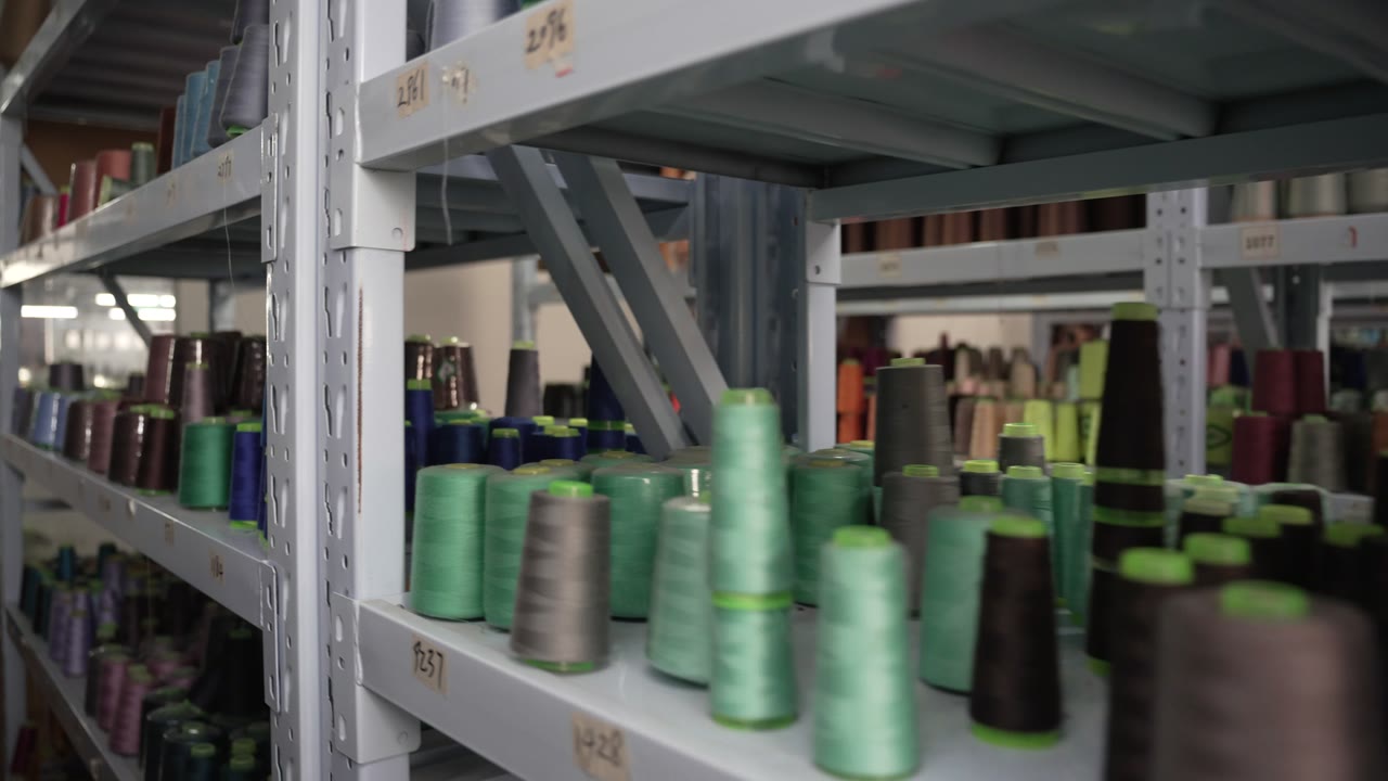 Conos de hilo de colores en estanterías de un almacén de materiales
