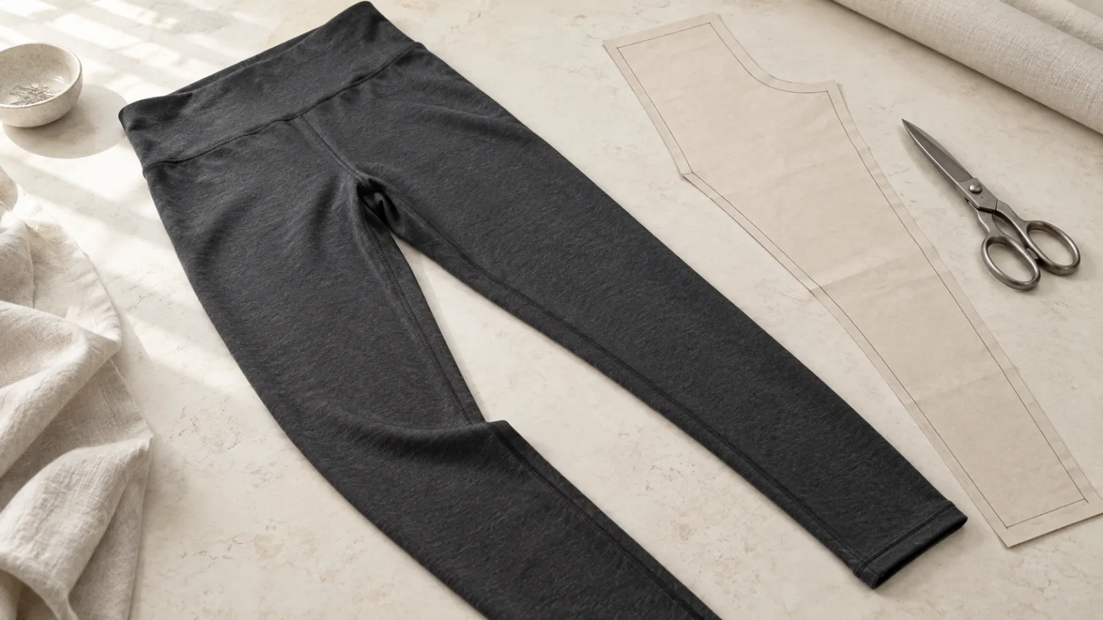 Leggings oscuros sobre mesa clara junto a patrón de papel y tijeras