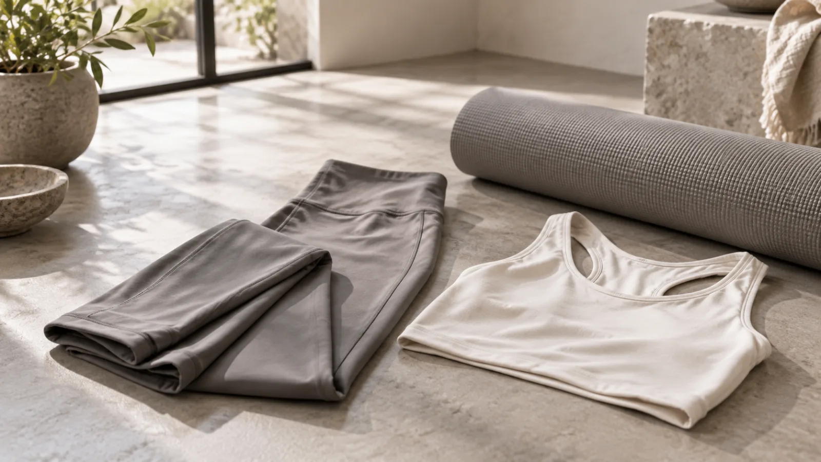 Leggings grises, top marfil y esterilla en una composición de estudio