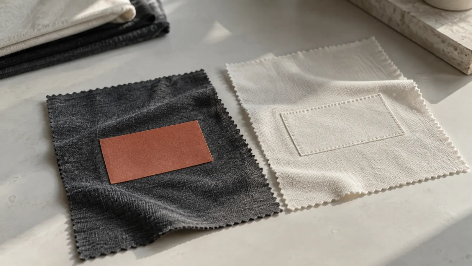 Muestras de punto claras y oscuras con parches lisos sin texto en una mesa de trabajo
