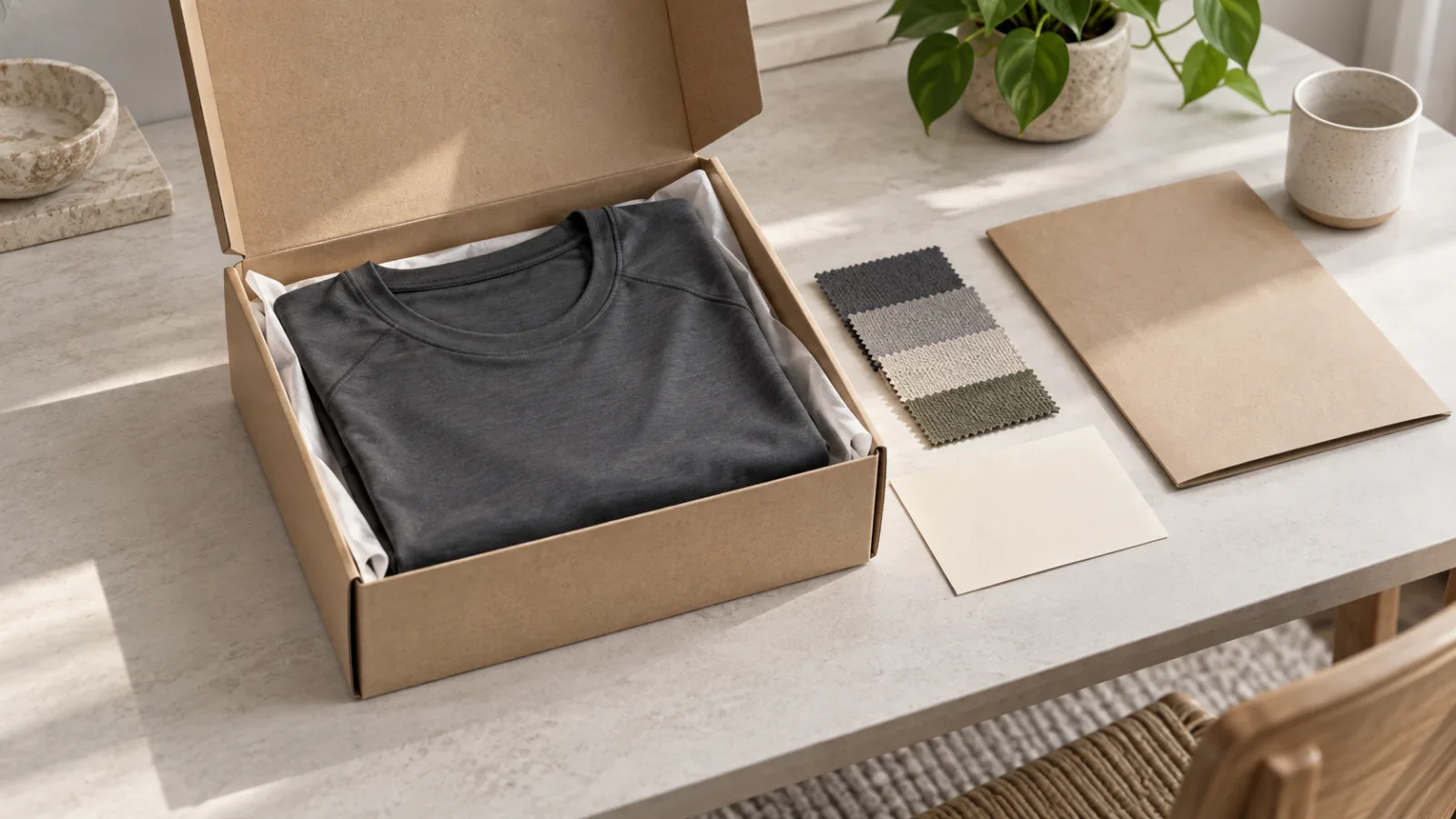 Caja de muestras con camiseta gris, tejidos y carpeta sin marcas sobre una mesa