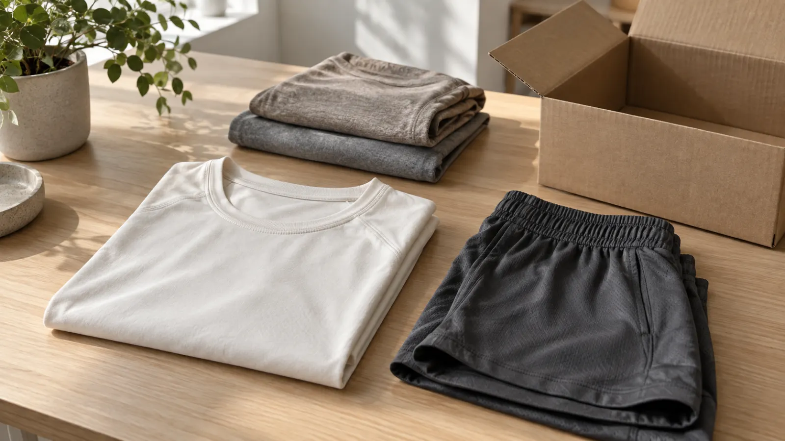 Camiseta deportiva y pantalón corto sin marca doblados junto a una caja de cartón sin imprimir