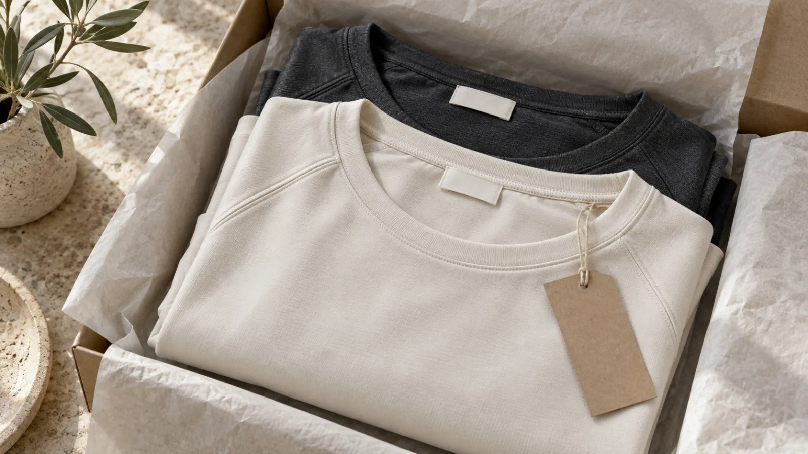 Camisetas lisas plegadas con etiquetas sin imprimir y papel de embalaje