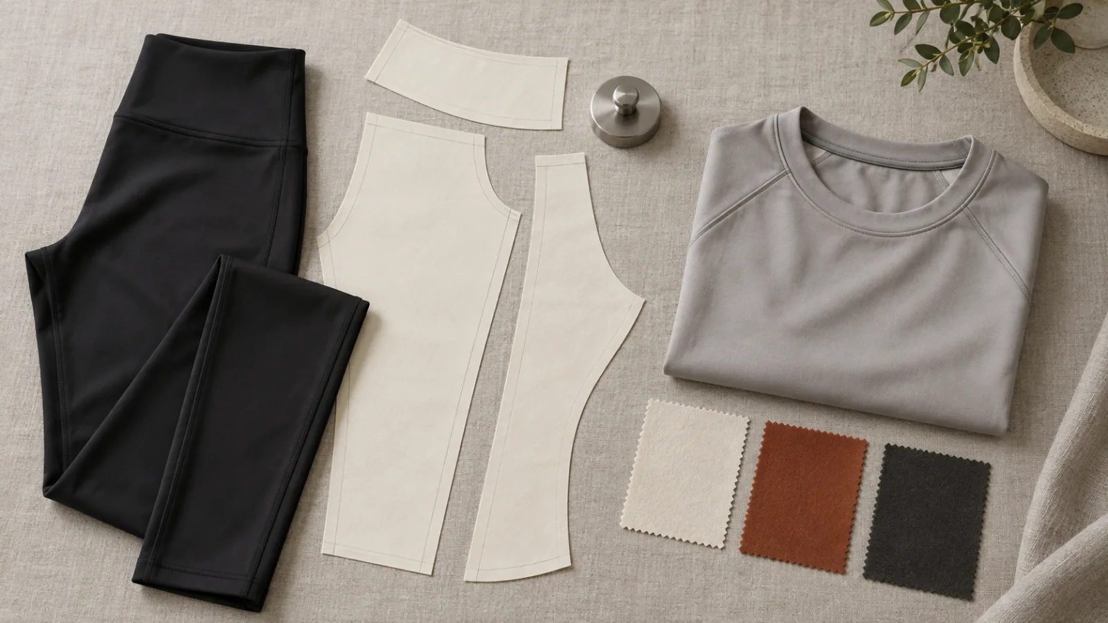 Leggings negros con piezas de patrón y una camiseta gris junto a muestras rectangulares de tejido