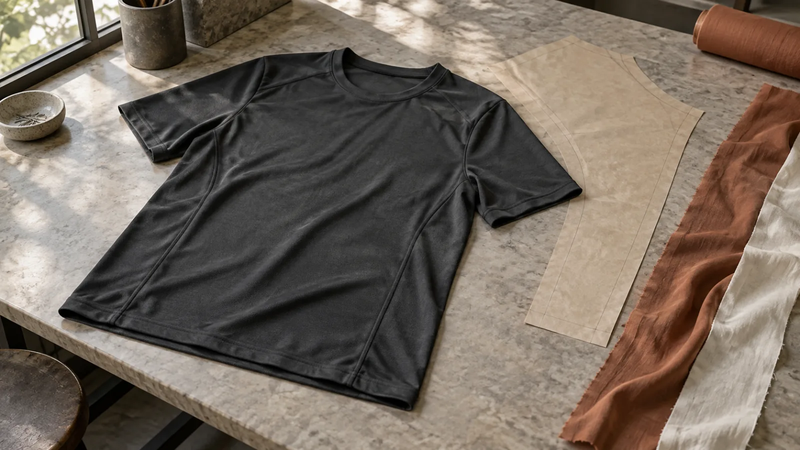 Camiseta deportiva gris sobre una mesa junto a patrón de manga y tiras de tejido