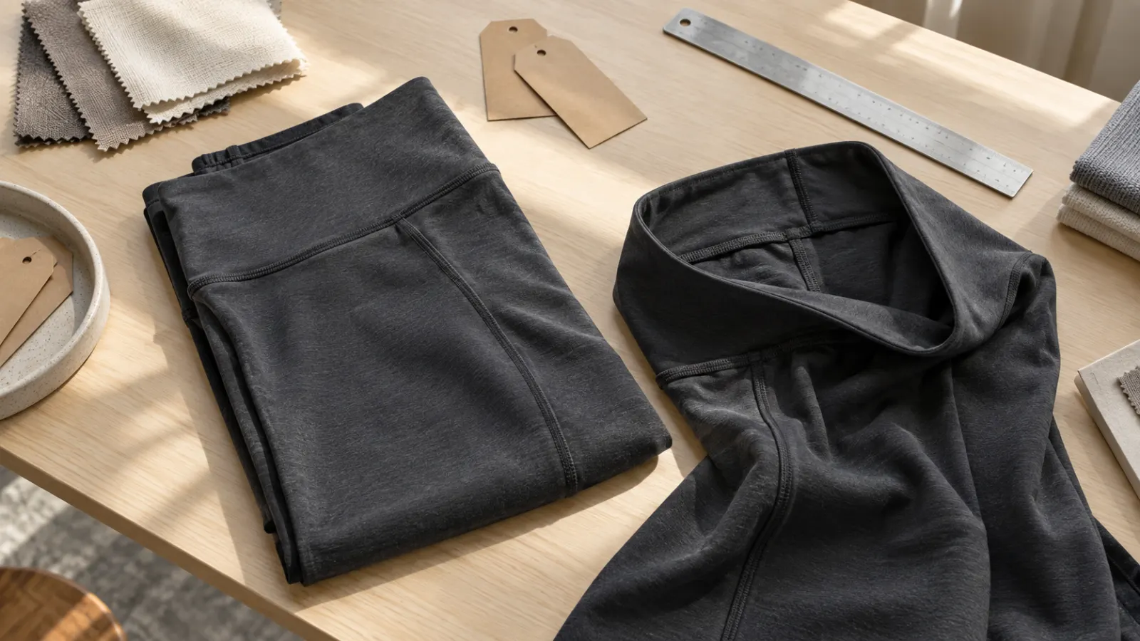 Unbranded legging samples, plain tags and knit swatches on a development worktable