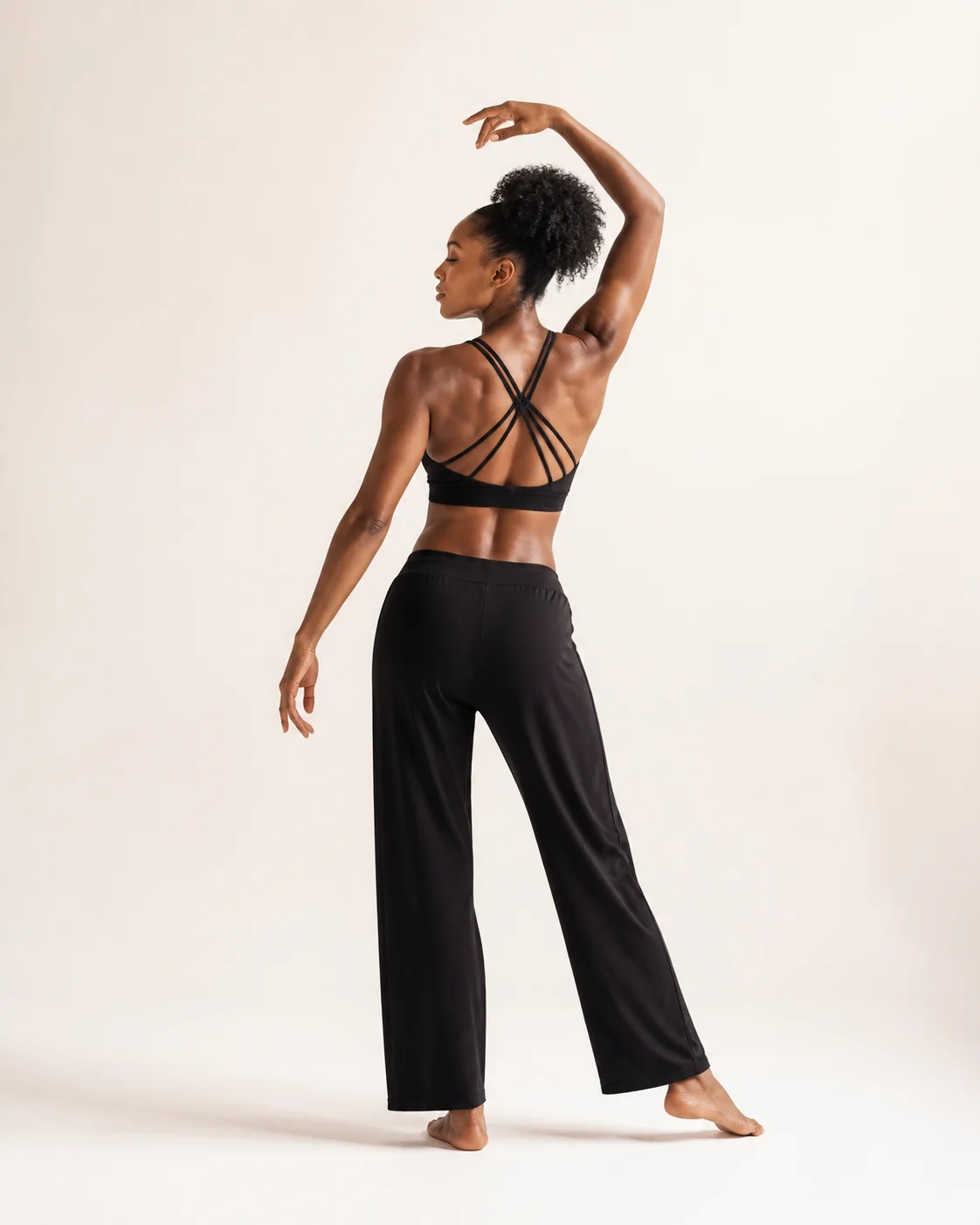 Full-length black multi-strap sports bra shown from the back